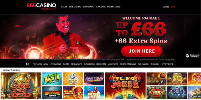 The main lobby at 666 Casino shows the devilish welcome bonus of £66 + 66 free spins