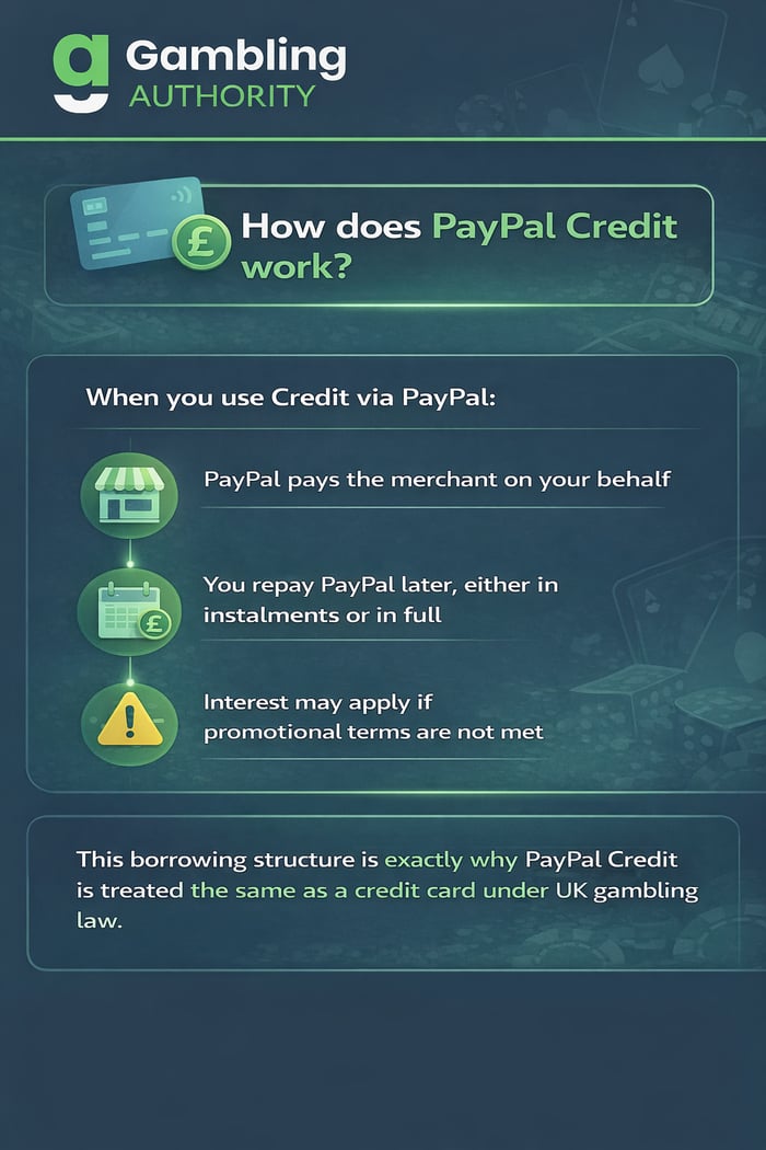 Infographic demonstrating how PayPal Credits works in the UK and why it is now allowed for gambling