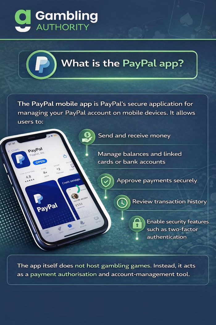 Infographic highlighting the benefits and uses of the PayPal App on a mobile device screen
