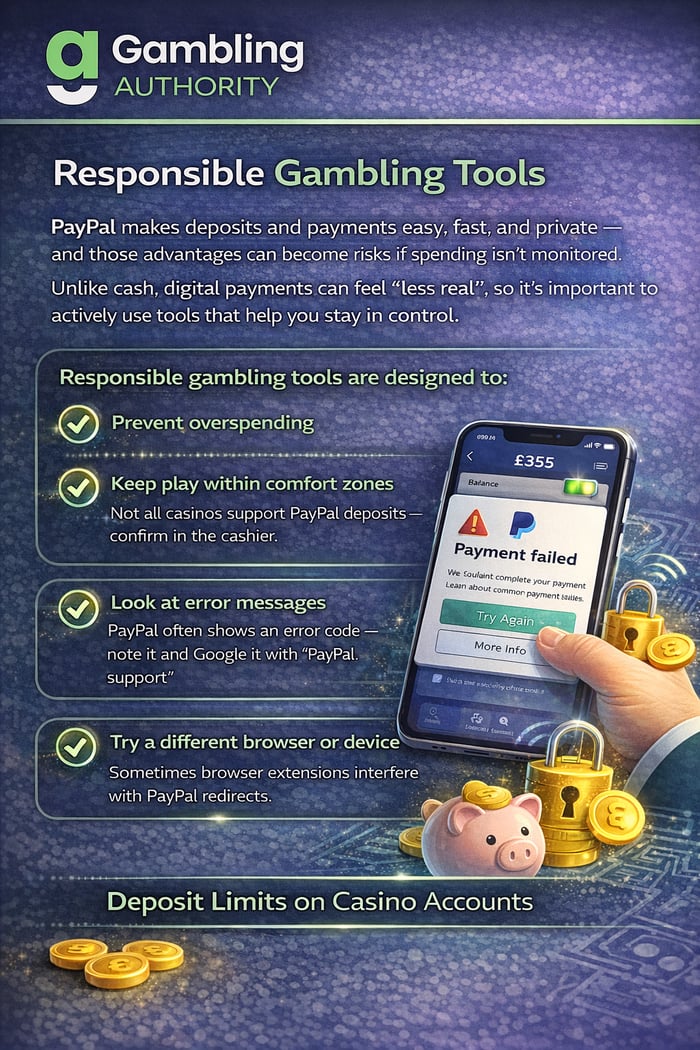 Infographic displaying the main points of responsible gambling with PayPal