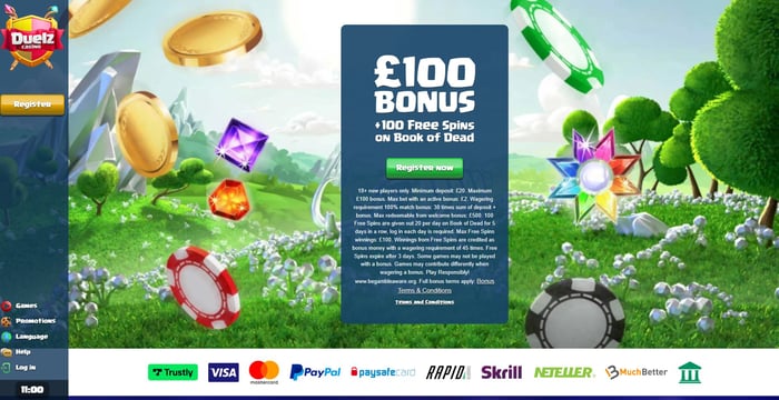 The bright and colourful main lobby at Duelz Casino prominently displays the Duelz Casino welcome bonus of £100 plus 100 free spins for Book of Dead.