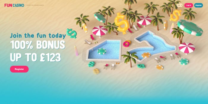 The Fun Casino lobby shows that new UK players can nab a 100% welcome bonus worth up to £123
