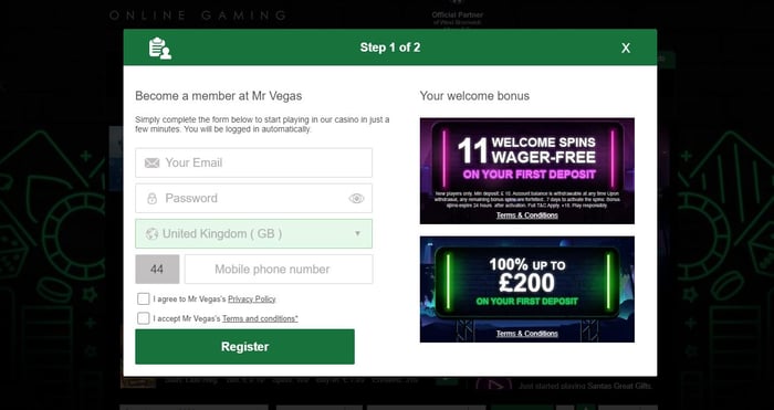 The Mr Vegas registration page shows that UK players can get a 100% welcome bonus of up to £50 and 11 wager-free spins
