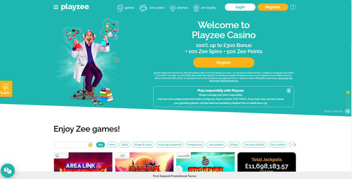 The main lobby of Playzee Casino shows that new players can grab a 100% bonus up to £300 plus 100 free spins