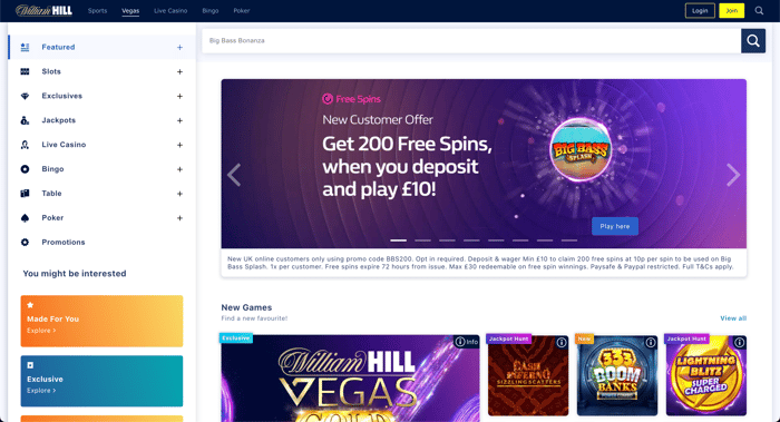 The main lobby at William Hill Vegas shows that new players in the UK can get 200 free spins for Big Bass Splash when depositing £10 and entering the bonus code BBS200