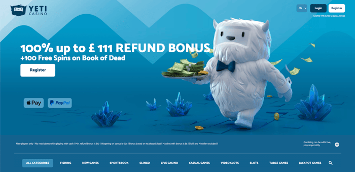 The main lobby at Yeti Casino shows the mascot with a tray of money in an icy environment