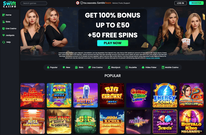 The main lobby at Swift Casino in the UK shows the 100% welcome bonus up to £50, live dealers in the background and a selection of popular slots