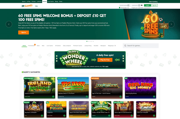 The Games Lobby at Paddy Power Casino shows a UK welcome bonus of 60 no-wager free spins