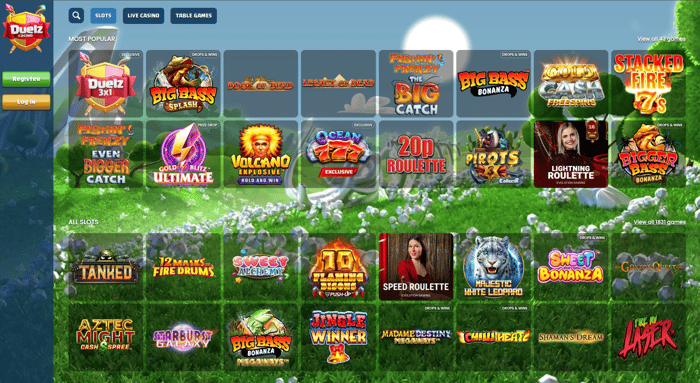 The Slots lobby at Duelz Casino shows popular titles like the exclusive Duelz 3x1, Big Bass Splash and Book of Dead