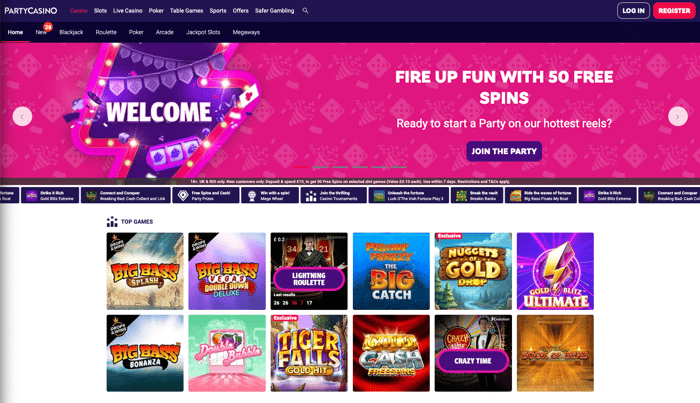 The main lobby at PartyCasino shows new UK players can grab 50 free spins for selected slots