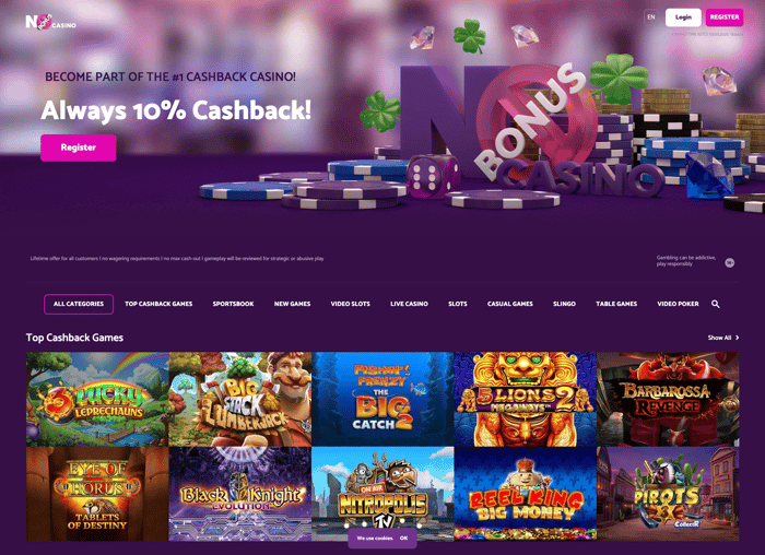 The simple lobby at No Bonus Casino proudly displays the message that you'll always receive 10% cashback!