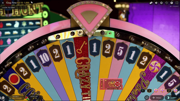 Crazy Time wheel landing on bonus round
