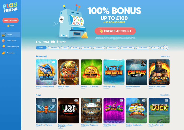 The main lobby at PlayFrank Casino shows a 100% bonus up to £100 for UK players and a selection of the top games
