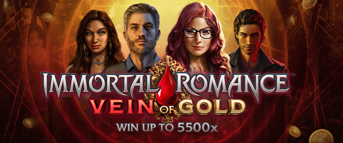 Immortal Romance Vein of Gold logo and characters on a red background