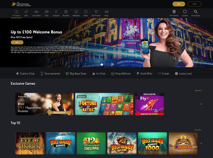 The main lobby at Hippodrome Online Casino shows a section of top games and a 100% match-deposit bonus worth up to £100