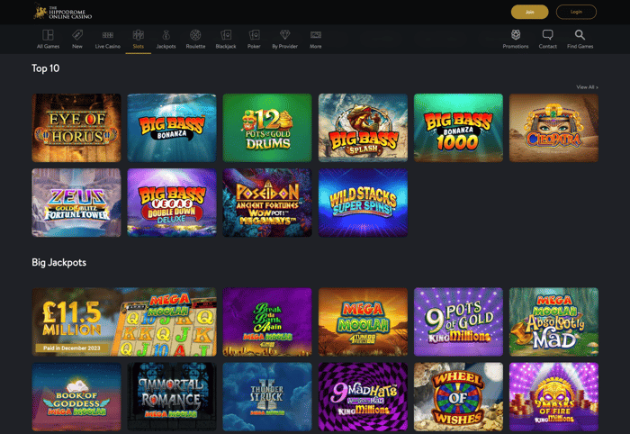 The slot games lobby at Hippodrome Casino Online shows sections for the Top 10 slots and Big Jackpots