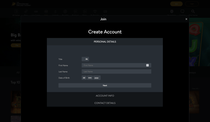 The Hippodrome Online Casino registration page is simple and straightforward