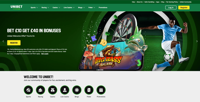 The main lobby at Unibet Casino and Sportsbook shows the Bet £10, Get £40 in Bonuses promotion for new UK players