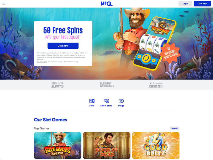 The main lobby at MrQ Casino shows that new players can get 50 free spins on their first deposit