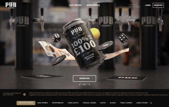 The main lobby at Pub Casino shows a bar theme with beer taps in the background and a can of beer in the foreground showing the 50 cash spins welcome bonus for new UK players