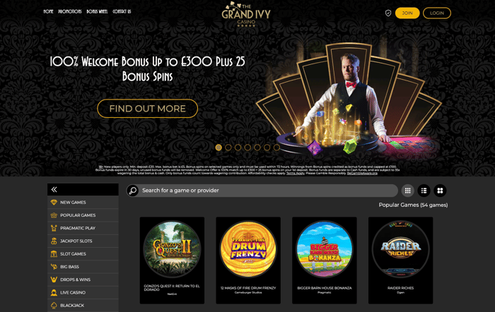 The homepage of The Grand Ivy online casinos shows a classy black and grey background with top games and a banner offering new UK players a 100% welcome bonus worth up to £300 plus 25 bonus spins