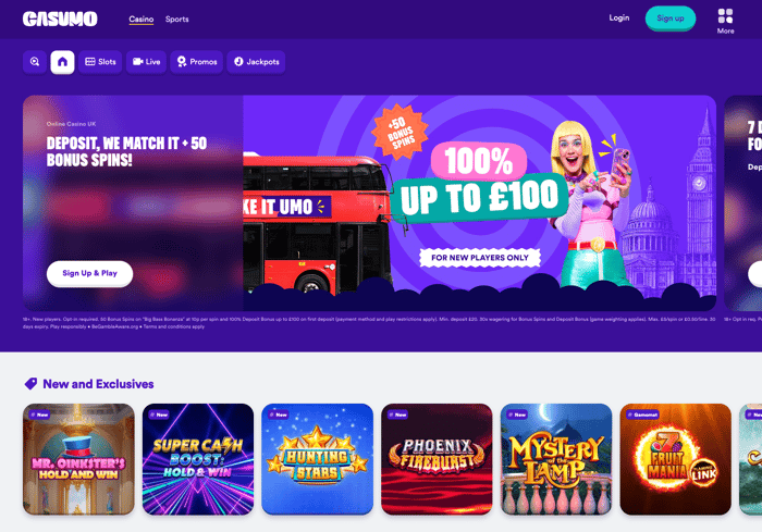 The dark purple and white casino lobby at Casumo shows that new players in the UK can get a 100% welcome bonus of up to £100 plus 50 bonus spins as well as new and exclusive casino games