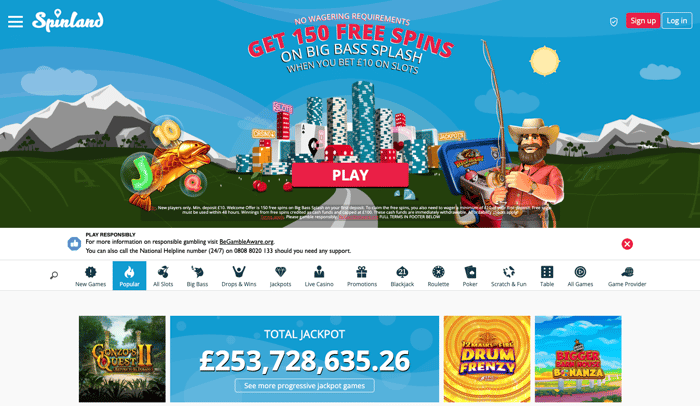 The white and blue online casino section at Spinland shows the most popular casino games, the current progressive jackpot total and a no wagering 150 free spins on Big Bass Splash promotion for new players in the UK