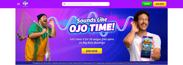 PlayOJO proudly presents its no-wager free spins offer on its UK homepage with the slogan 