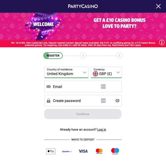 The PartyCasino registration form shows that UK players can use Apple Pay, Paysafecard, Visa, Mastercard, and Maestro, among others