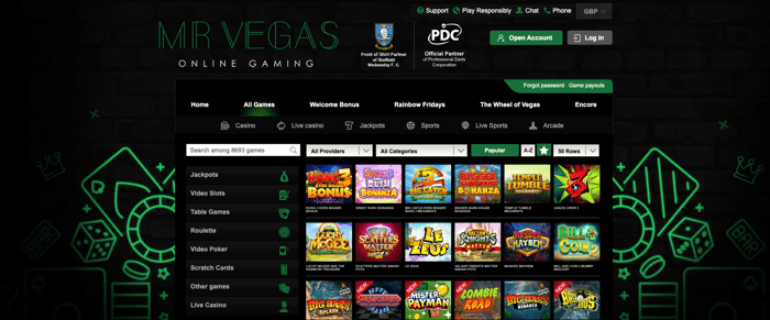 The Mr Vegas Casino games lobby shows that there are 8,693 casino games available in the UK