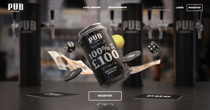 New casino players at Pub Casino are welcomed with a 100% up to £100 bonus shown on a can of beer in a bar