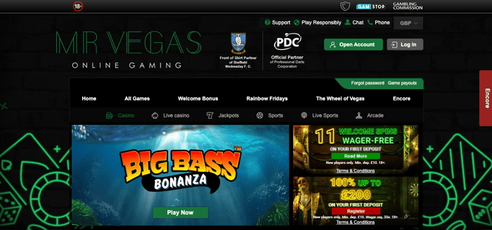 Mr Vegas Casino has a muted green and black main lobby that focuses on new games like Big Bass Bonanza and more