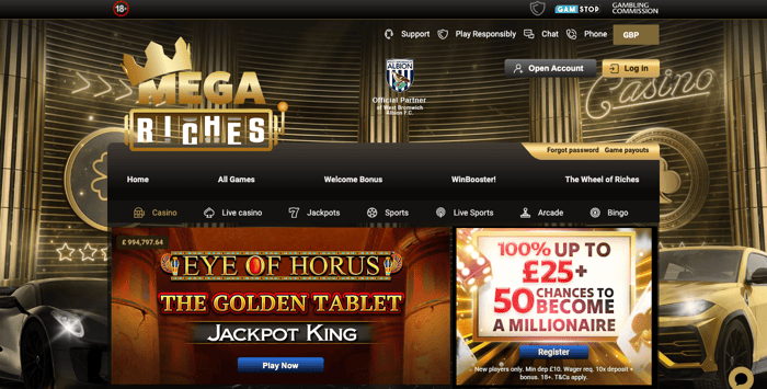 The new online casino Mega Riches focuses on an opulent experience with games and promotions shown in front of a gold room that houses sports cars