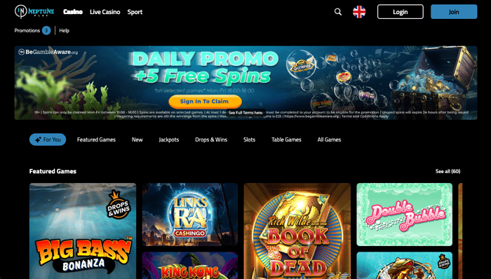 Neptune Play Casino keeps things fresh with a minimalist design that puts new player promotions and top game front and centre