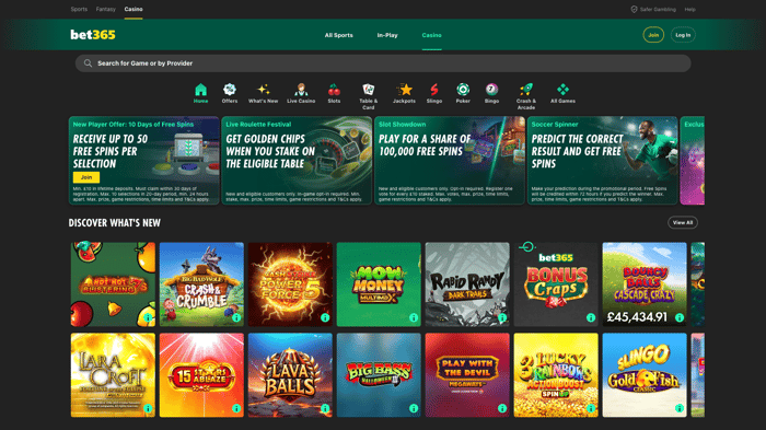 The main lobby at bet365 Casino in the UK show the clean black, green and yellow interface, with promotions listed at the top and new games at the bottom.