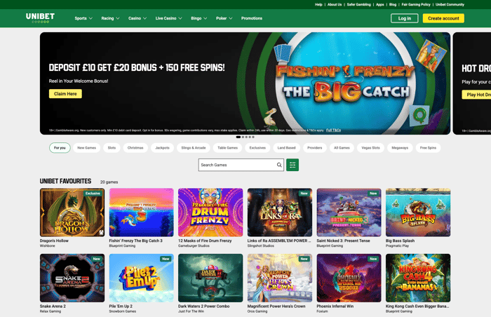The main lobby at Unibet Casino shows that new players can get a £20 bonus and 150 free spins from a £10 deposit