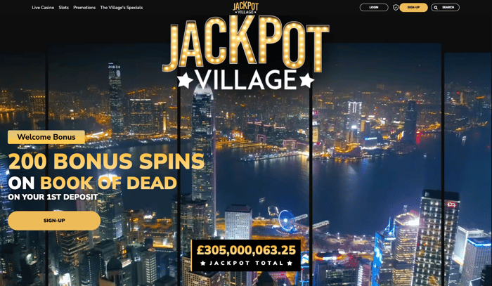 The main lobby at Jackpot Village Casino UK shows the welcome offer of 200 bonus spins on Book of Dead against a background of the London skyline at night.