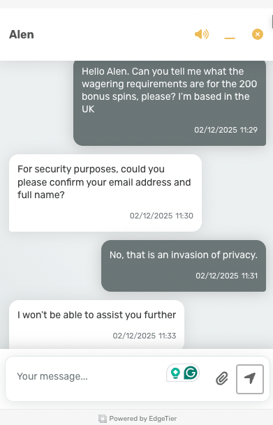 The Jackpot Village live chat bot refused to answer my basic question about wagering requirements because I refused to give my email address.