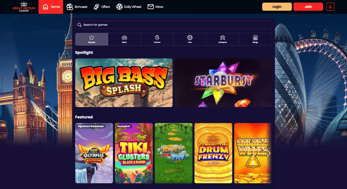 The Great Britain Casino games lobby features Big Bass Splash and Starburst prominently