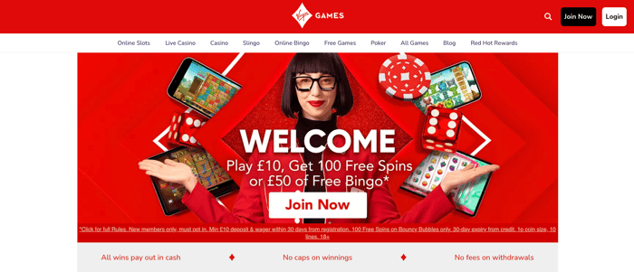 The main lobby at Virgin Games Casino shows the welcome offer of 100 free spins and a selection of top game categories