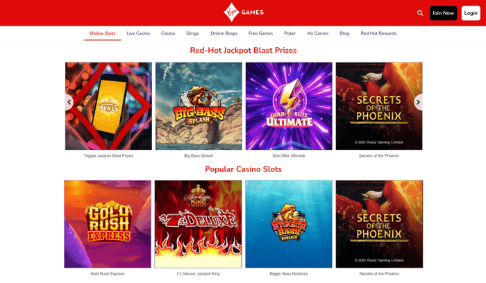 The Virgin Games Casino online slots lobby shows popular titles such as Big Bass Splash and Secrets of the Phoenix