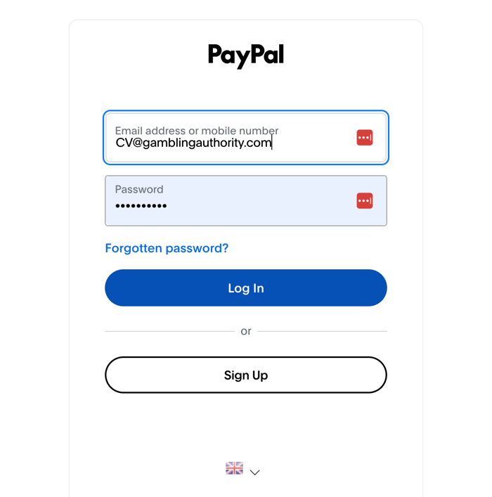 PayPal login screen