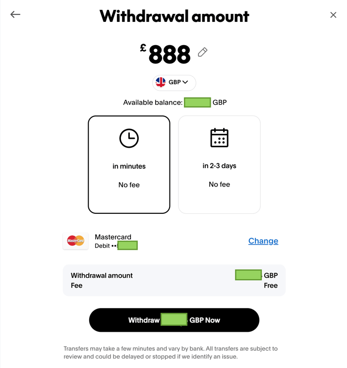 PayPal withdrawal screen