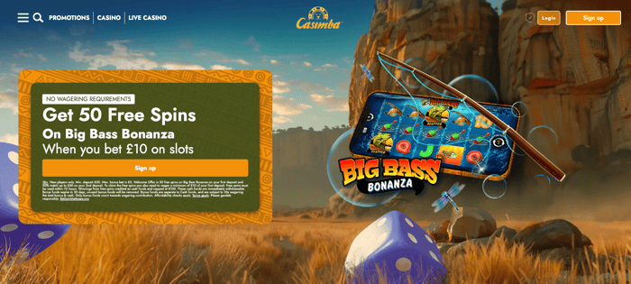 The main lobby at Casimba Casino UK shows that new players can claim 50 free spins for Big Bass Bonanza when they wager £10 or more on slots