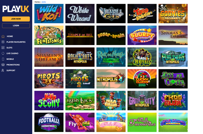 The Slots lobby at PlayUK shows well-known favourites among UK players