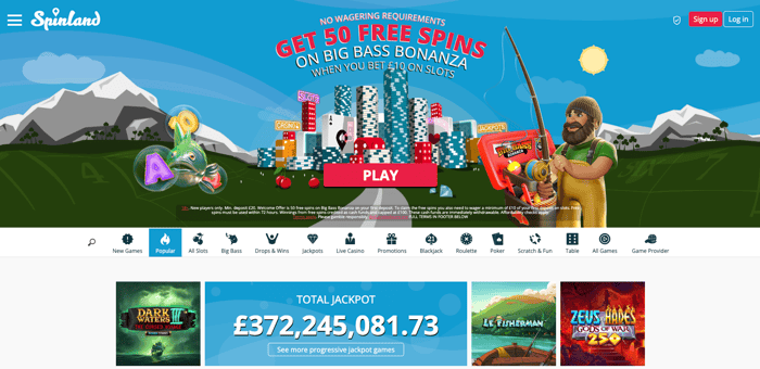 The main lobby at Spinland Casino UK shows that new players are entitled to 50 wager-free spins on Big Bass Bonanza