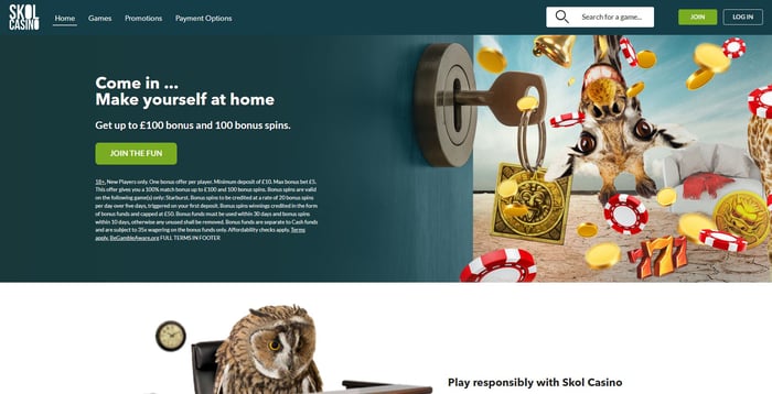 The main lobby of Skol Casino shows that UK players can grab a welcome bonus of £100 plus 100 free spins