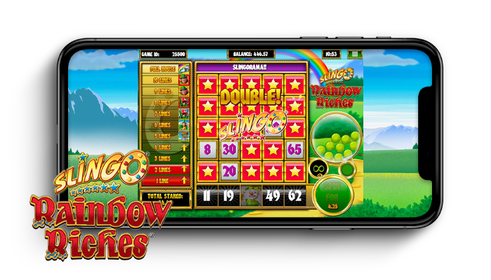 Slingo Rainbow Riches game being played on a mobile device