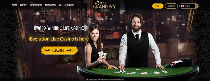 The main lobby at The Grand Ivy Casino shows all the promotions available to new players in the UK